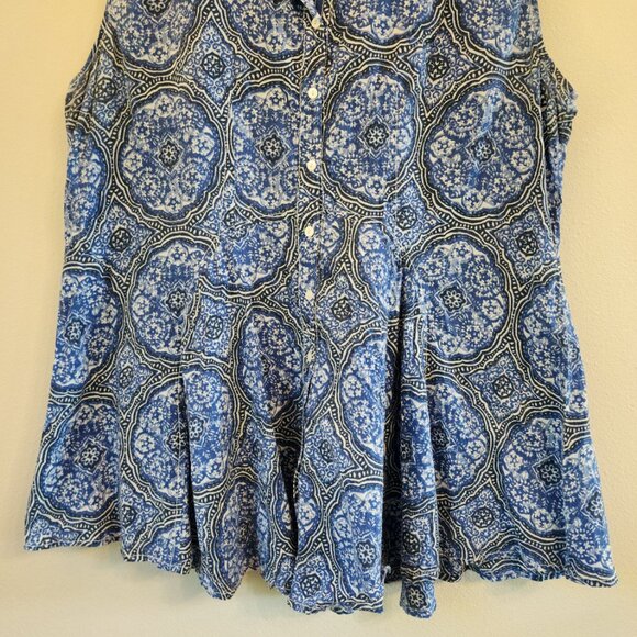 Caffe Marrakesh Blue/White Paisley Sleeveless Tunic Button Tank Top Women L Chic - Picture 5 of 14